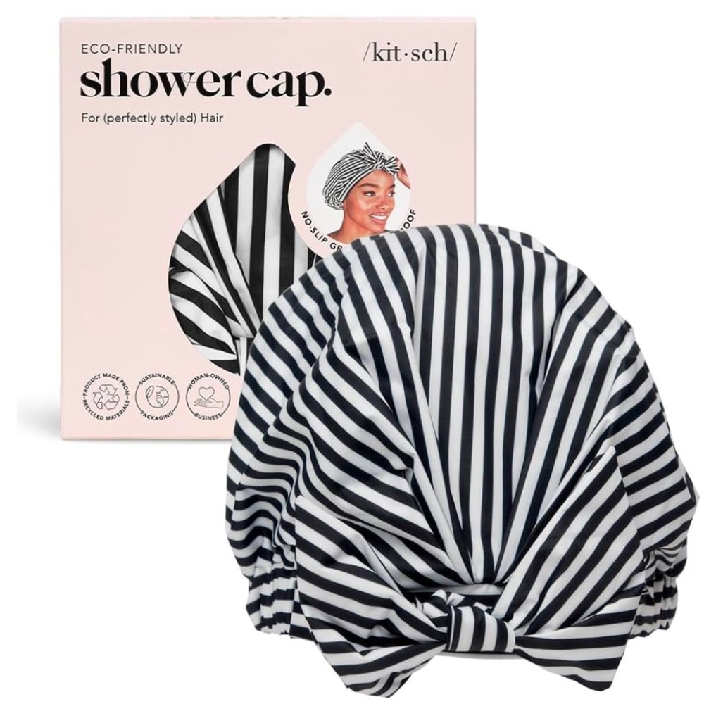 NWT, BNIB KITSCH Luxury Shower Cap Black and White Stripes Striped Shower Cap